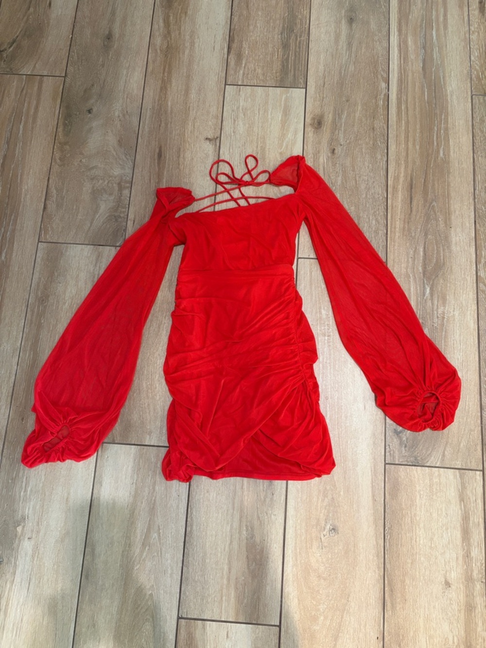 Lucy in the Sky Red Mini Dress with Sheer Bishop Sleeves